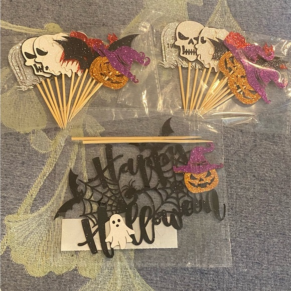 Halloween Cupcake Toppers & Cake Picks – Glitter Skulls, Pumpkins, Ghosts - Picture 1 of 1